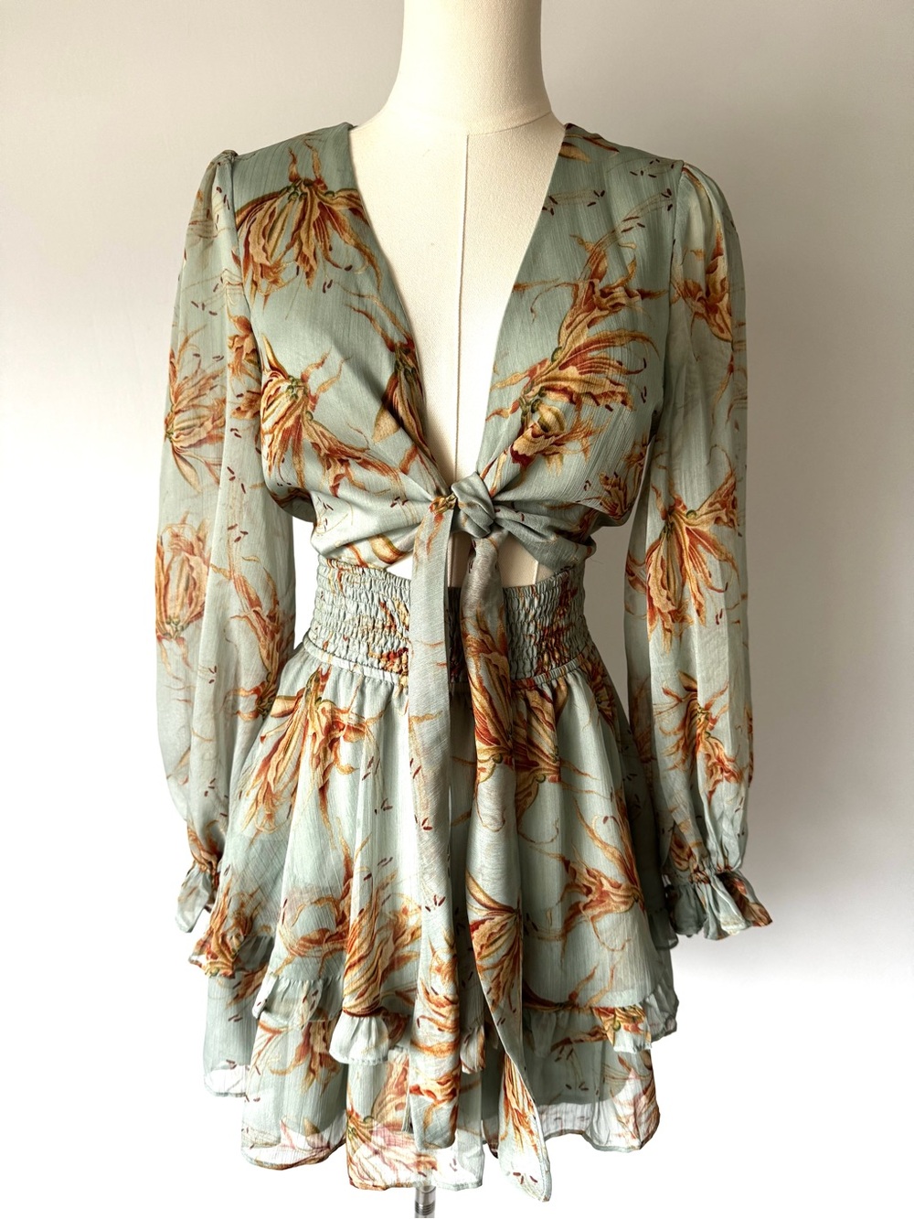 Hello Molly Sage Chiffon Tie-Front Mini Dress | XS / US 2 Like New - Picture 2 of 6